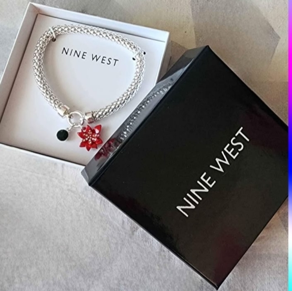 Nine West Silver Bracelet with Red Flower Charm